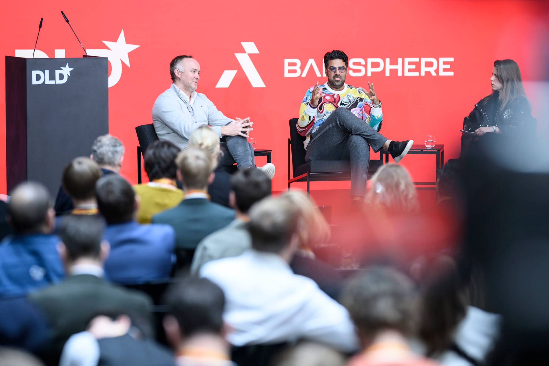 (L-R) Ian Edwards, Sachin Dev Duggal and Eva Lihotzky speak at the DLD Munich Conference 2025 in Munich