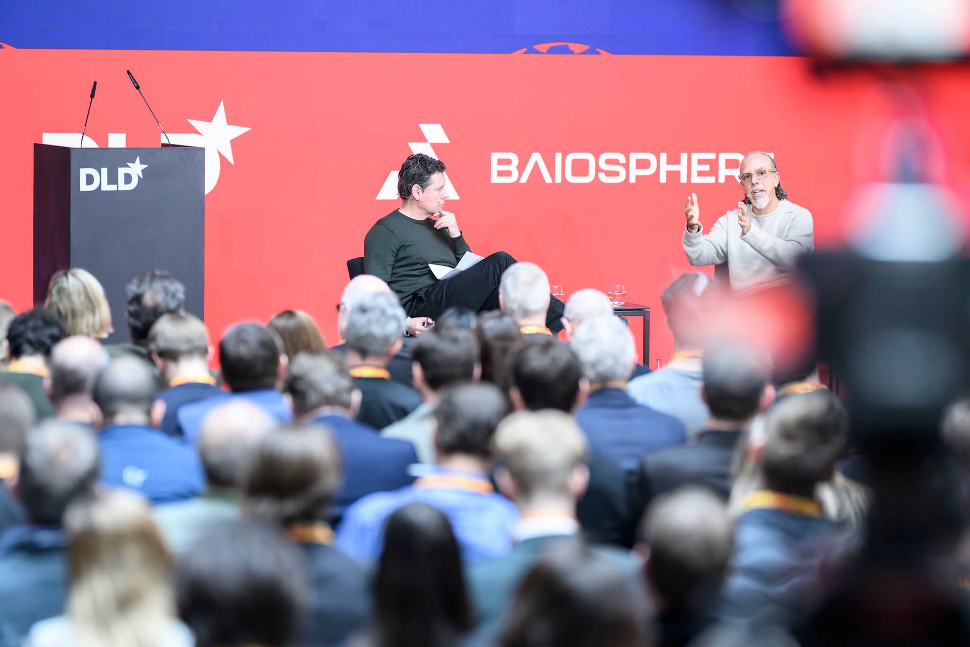 (L-R) Greg Williams and Astro Teller speak at the DLD Munich Conference 2025 in Munich