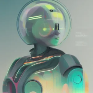 Abstrakte Darstellung eines humanoiden Roboters. Durch Künstliche Intelligenz erstelltes Bild im Stil eines Gemäldes