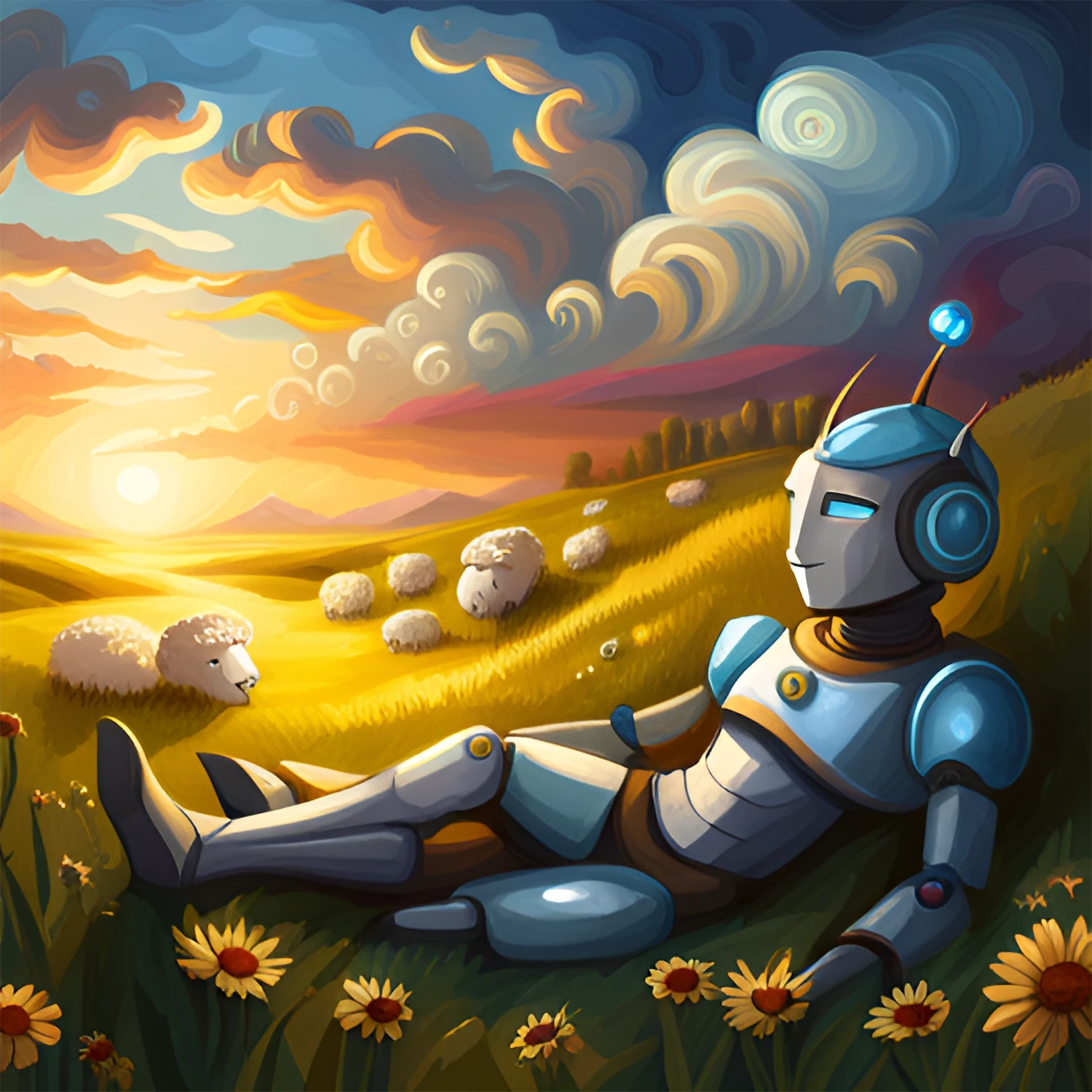 Robot sleeping in a meadow